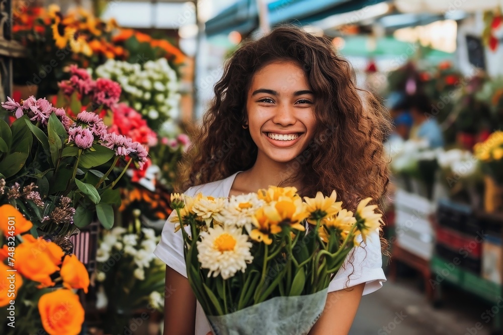 A woman looking happy while getting some flowers.
