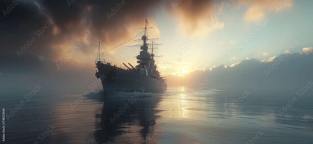 the british warship sailing over the ocean under a clouding sky - obrazy, fototapety, plakaty 