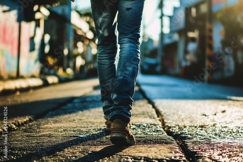 Male legs in jeands walking along a street. photo