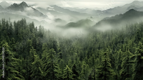 Foggy morning summer mountain landscape, amazing hipster background with fir trees. soft blur