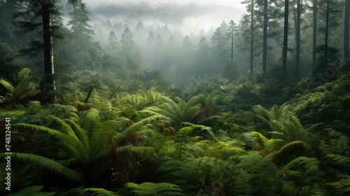 Dense coniferous forest, clearing with ferns. Foggy forest. soft blur photo