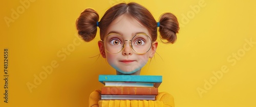 the little girl is wearing glasses and holding two stacks of books