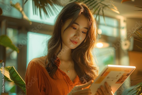 young woman businessperson with hand held tablet in office