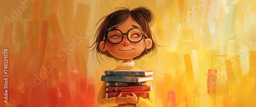 the little girl is wearing glasses and holding two stacks of books