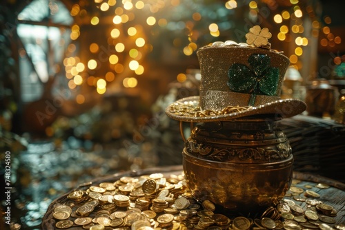 st patrick's day with a leprechaun hat and gold coins in a gold pot
