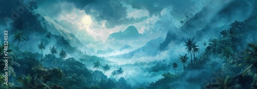 the tropical forest scene has lots of clouds and jungle #748324583