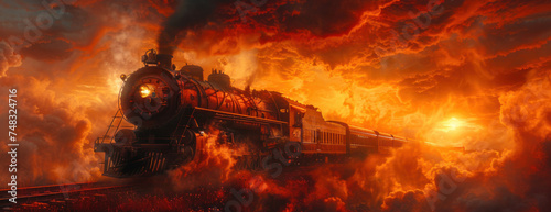 a vintage train rides on rails in the fog