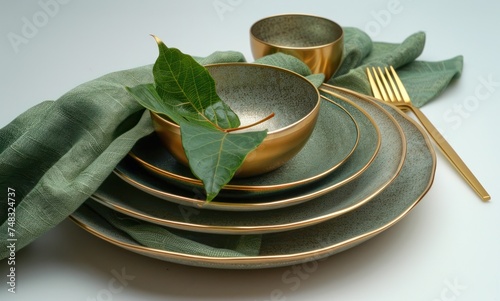 table with gold tableware and green napkin with leaf isolated on white