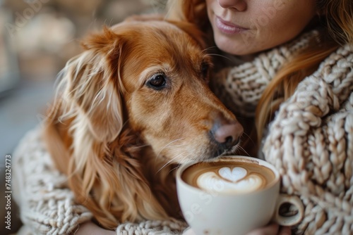 woman holding coffee with a dog near a white cup of coffee