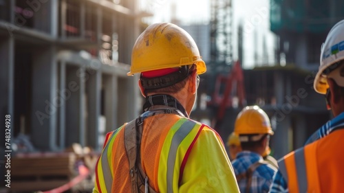 diverse group of workers wearing safety gear and helmets at a construction site, emphasizing the importance of workplace safety on World Day for Safety