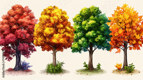 a set of four trees with different colors of leaves on each of the trees, each of which has a different amount of leaves on each of the same tree. © Olga