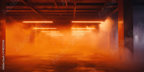 An atmospheric underground parking lot filled with a mysterious orange fog and illuminated by neon lights. photo