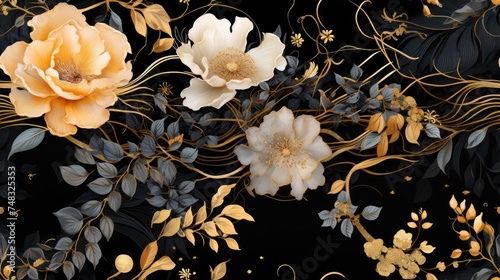 Luxurious floral 3d wallpaper with a pattern of flowers in rich colors on a black background. Dramatic floral abstraction, ornament, pattern, art illustration. Luxurious black floral print.