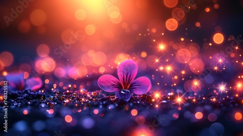 a purple flower sitting in the middle of a field of purple and gold sparkles on a black and orange background.