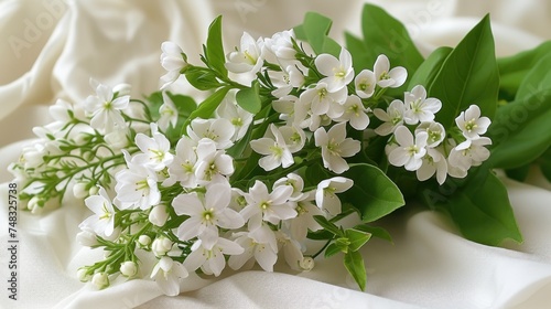 a bunch of white flowers sitting on top of a white cloth on a white cloth covered tablecloth with green leaves. photo