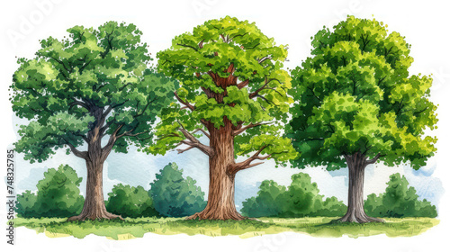 a watercolor painting of three trees in a field with grass and trees on the other side of the picture.