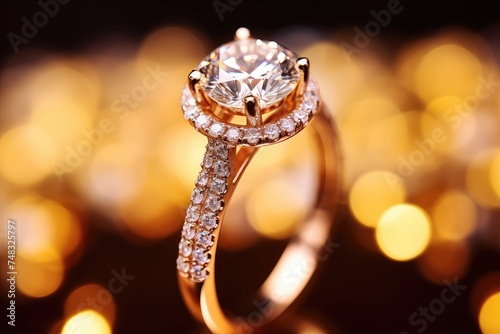 Gold Diamond Ring Closeup, Luxury Wedding Jewelry, Marriage Gift, Precious Brilliant Ring