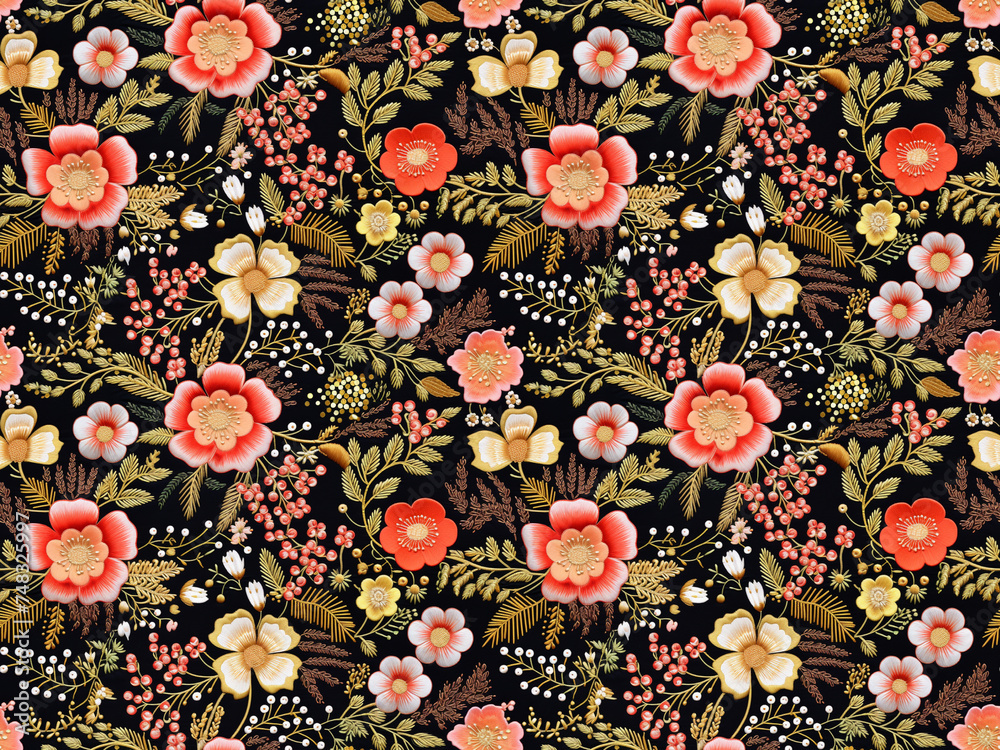 Embroidery Flower Seamless Pattern, Floral Tile with Small Beads, Embroidered Beadwork Vintage Print Embroidery Flower Seamless Pattern, Floral Tile with Small Beads, Embroidered Beadwork Vintage Print