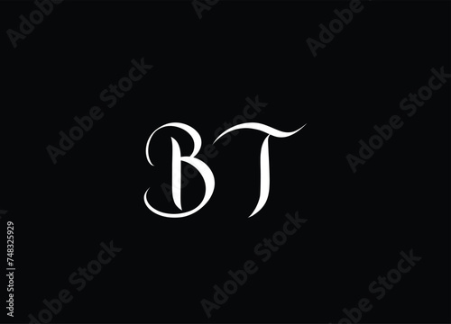 BT Brush Letter Logo Design with Black Circle and Handwritten Letters.
