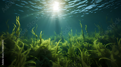 Underwater view of a set of sea bottoms with green seaweed photo
