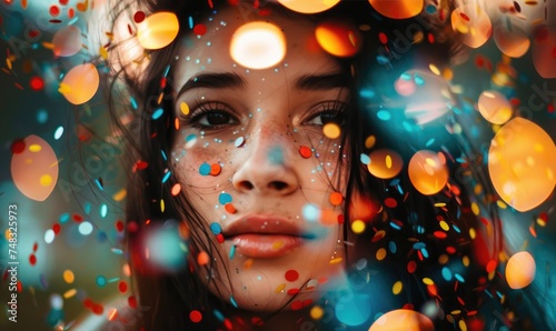 A beautiful young woman enveloped in confetti at a party