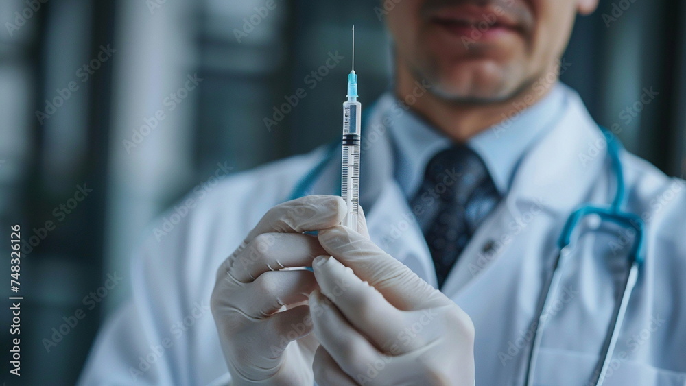 Close up doctor holding a syringe. With Generative AI Close up doctor holding a syringe. With Generative AI