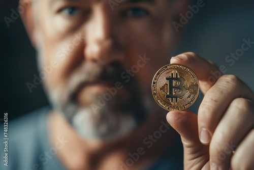 A middle-aged man holding a Bitcoin in his hand, with a look of pride on his face