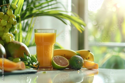 tamarind juice and fresh fruits on a white table