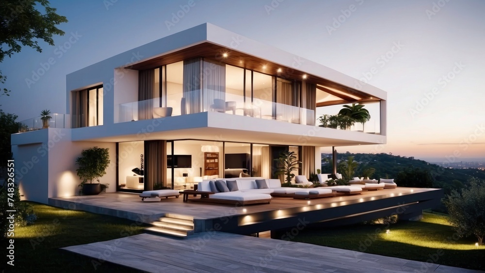 Obraz premium Modern villa with a rooftop terrace, providing panoramic views and an ideal space for outdoor entertainment