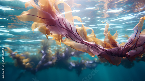 Seaweed and natural sunlight underwater seascape in the ocean