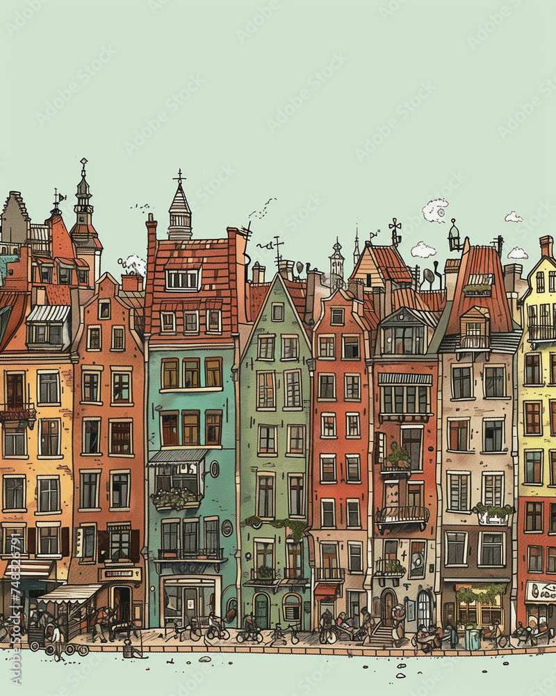 Poland Gdansk old city. Cartoon architecture of a European city. Cute houses on the street. Hand-drawn houses. Euro-trip