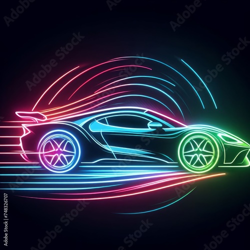 A side view of a neon-glowing sports car silhouette, presented in an abstract and modern style. This vector illustration showcases the sleek and dynamic form of a sports car © Elshad Karimov