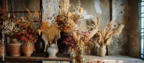 A collection of various vases, part of rustic wedding decor, filled with dried floral arrangements, are neatly arranged on a table, creating a visually appealing display.