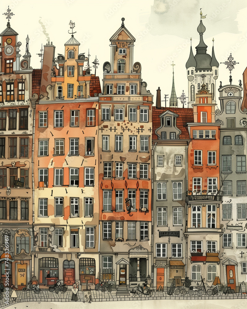 Gdansk old town. A set of colorful houses. A cozy street of Europe with old houses. Tourist route, sightseeing tour