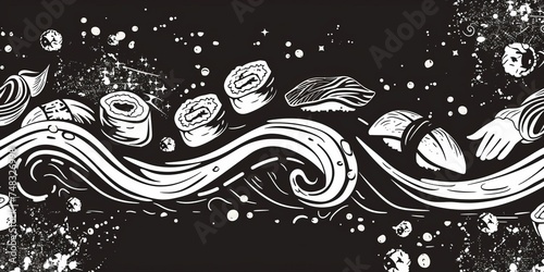 Illustration of row of sushi, shrimps, salmon topping, against black grunge background.