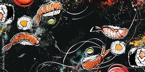 Illustration of row of sushi, shrimps, salmon topping, against black grunge background.