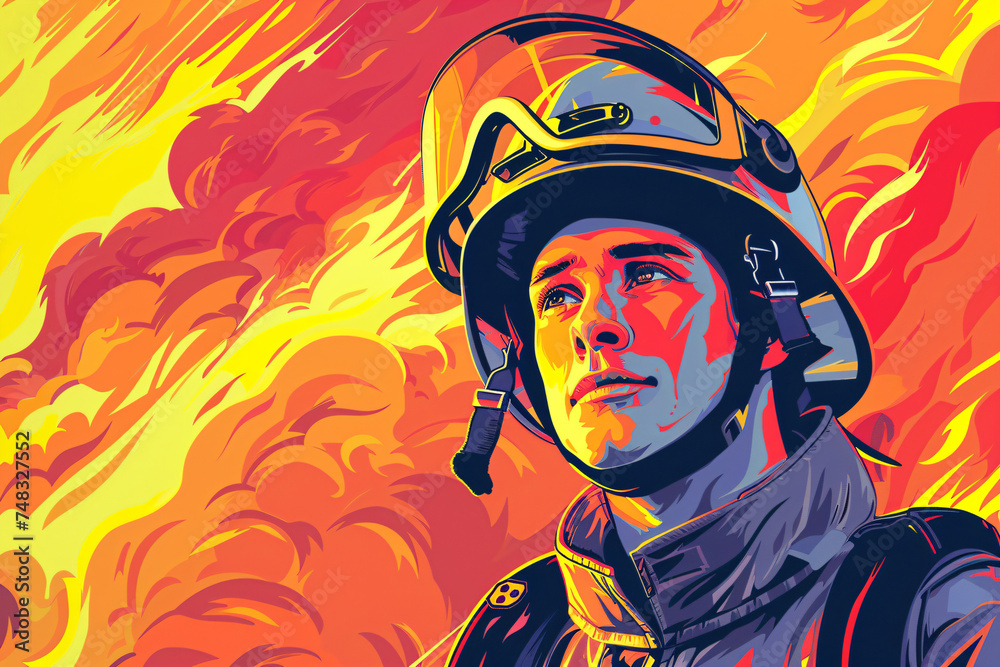 Firefighter on fire background. Digital illustration. Fire department, emergency response, rescue operations concept. Heroism and bravery.