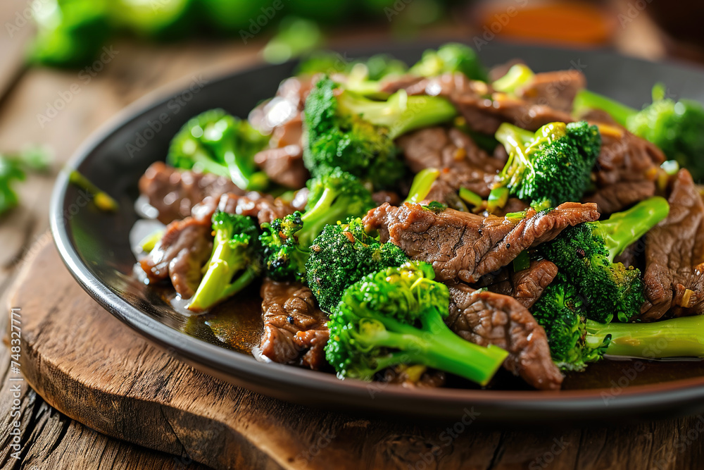 A plate of beef and broccoli, a dish of American Chinese cuisine consisting of sliced beef and broccoli florets stir-fried with a sauce A plate of beef and broccoli, a dish of American Chinese cuisine consisting of sliced beef and broccoli florets stir-fried with a sauce