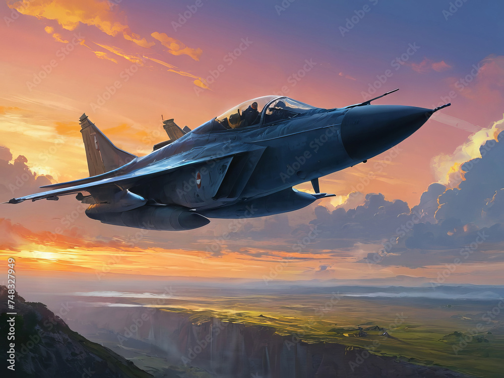 Painting of Fighter Jet Flying over Canyon Desert with Beautiful