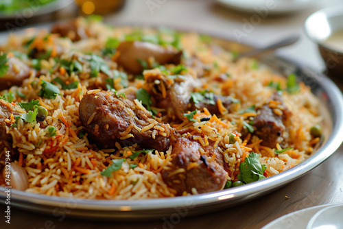A plate of biryani, a mixed rice dish with its origins in the Indian subcontinent.