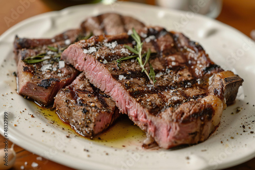 A plate of bistecca alla fiorentina, a classic Tuscan dish made with grilled T-bone steak seasoned with salt, pepper, and olive oil photo