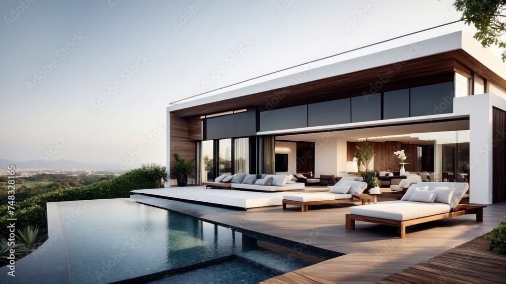 Modern villa with a rooftop terrace, providing panoramic views and an ideal space for outdoor entertainment Modern villa with a rooftop terrace, providing panoramic views and an ideal space for outdoor entertainment