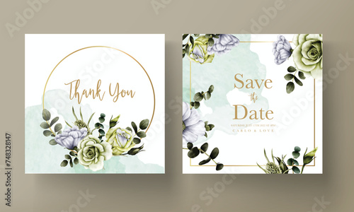 fresh greenery flower and white floral invitation card template