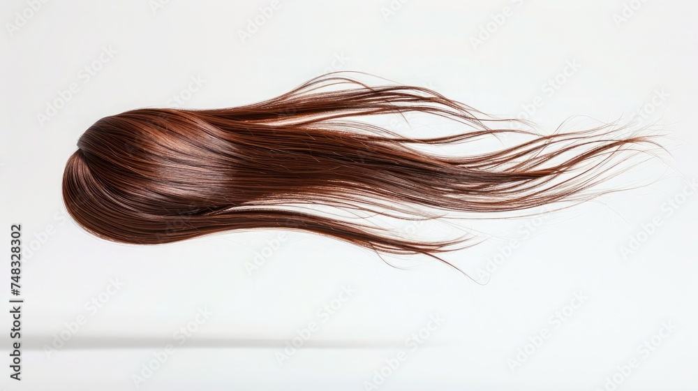 Long straight Wig hair style fly fall explosion. Brown woman wig hair float in mid air. Straight brown wig hair wind blow cloud throw. White background isolated - obrazy, fototapety, plakaty 