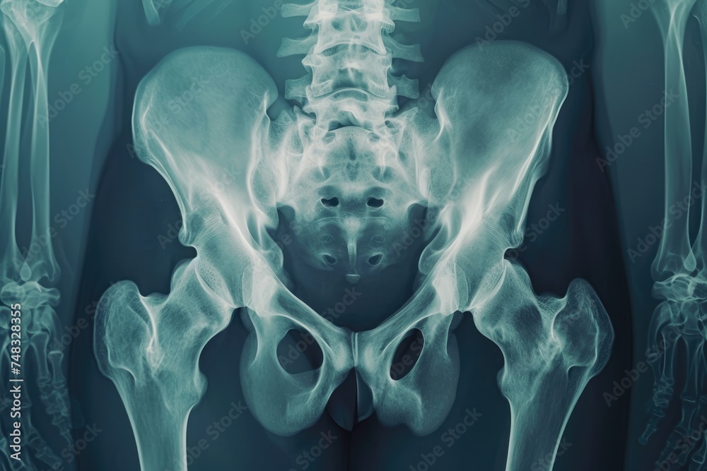 A detailed x-ray image of a human skeleton highlighting the intricate structure and anatomy, X-ray film of a human tailbone in 3D, AI Generated - obrazy, fototapety, plakaty 