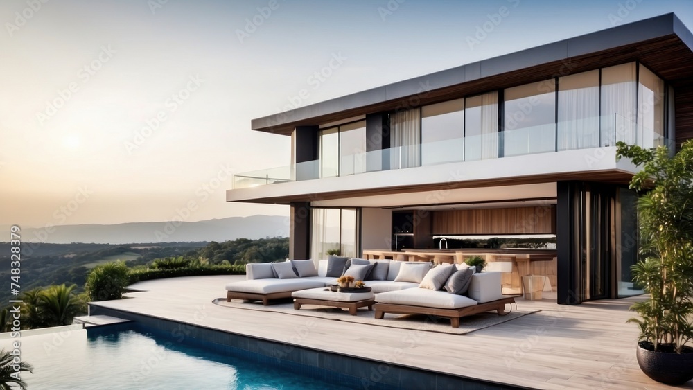 Fototapeta premium Modern villa with a rooftop terrace, providing panoramic views and an ideal space for outdoor entertainment