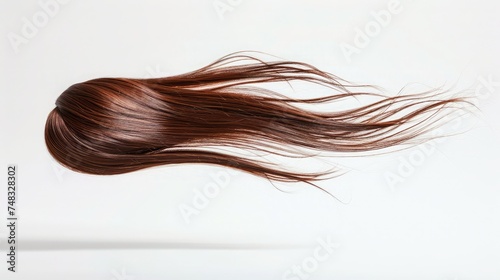 Long straight Wig hair style fly fall explosion. Brown woman wig hair float in mid air. Straight brown wig hair wind blow cloud throw. White background isolated photo