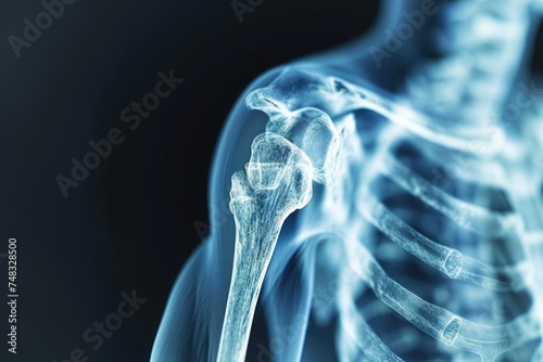 This x-ray image displays the intricate details and structure of a human skeleton, X-ray visual of a human shoulder in 3D, AI Generated photo