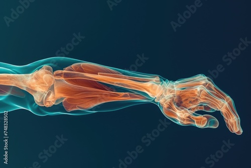 The image displays the detailed anatomy of the muscles in a persons leg and foot, highlighting their structure and function, X-ray visualization of a human muscle tensing in 3D, AI Generated photo