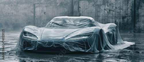 The sports car is covered with a transparent fabric